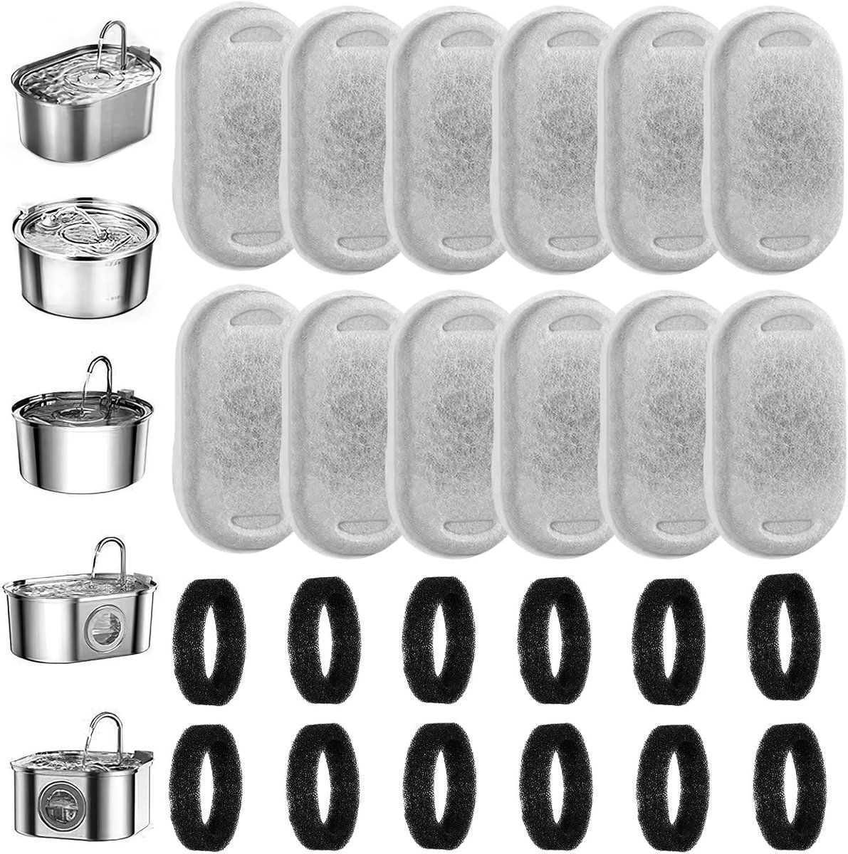 24 stuks kattenfonteinfilters, vervangende filters voor waterfonteinen voor huisdieren, inclusief 12 stuks actieve koolfilter en 12 stuks schuimspons voor 3,2 l/2 l kattendrinkfonteinen