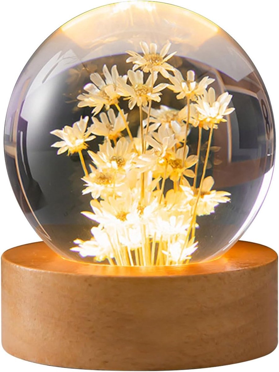 Flower Crystal Ball Night Light, 6cm Glass Ball Lamp with Wood with LED Light Base, USB Charging Flower Specimen Night - ShopVlot