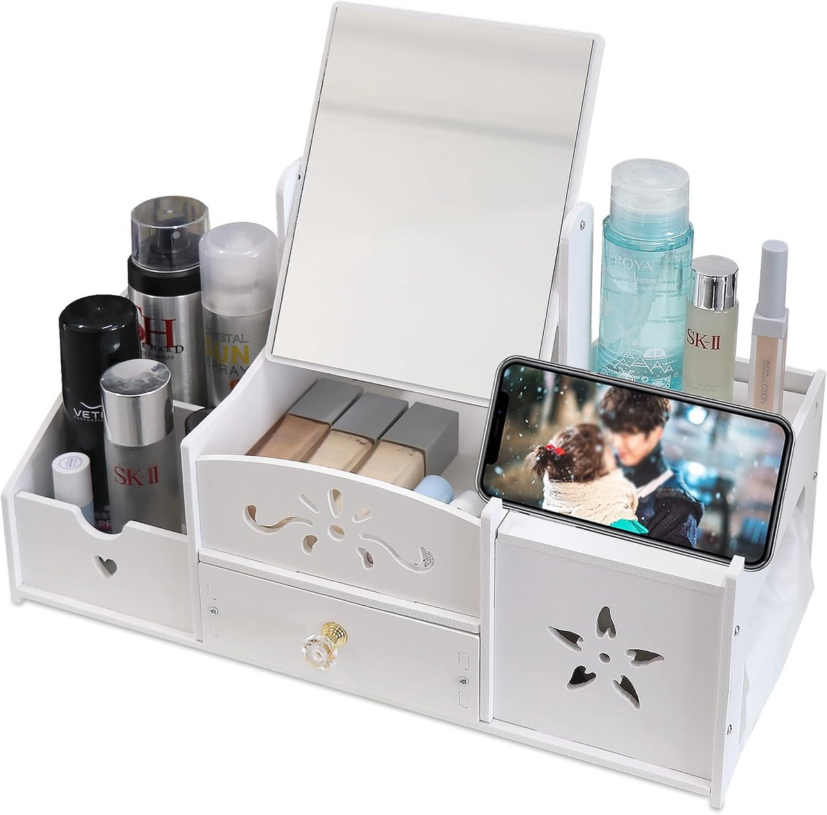 LEcylankEr Cosmetics Organiser, Makeup Table Organizer with Mirror, Multifunctional Desktop Cosmetic Organizer, White - ShopVlot