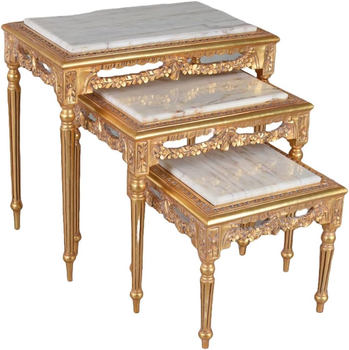 Set of 3 side tables 3-piece set gold baroque wooden tables marble plate side table antique cat911 Palazzo exclusive - ShopVlot