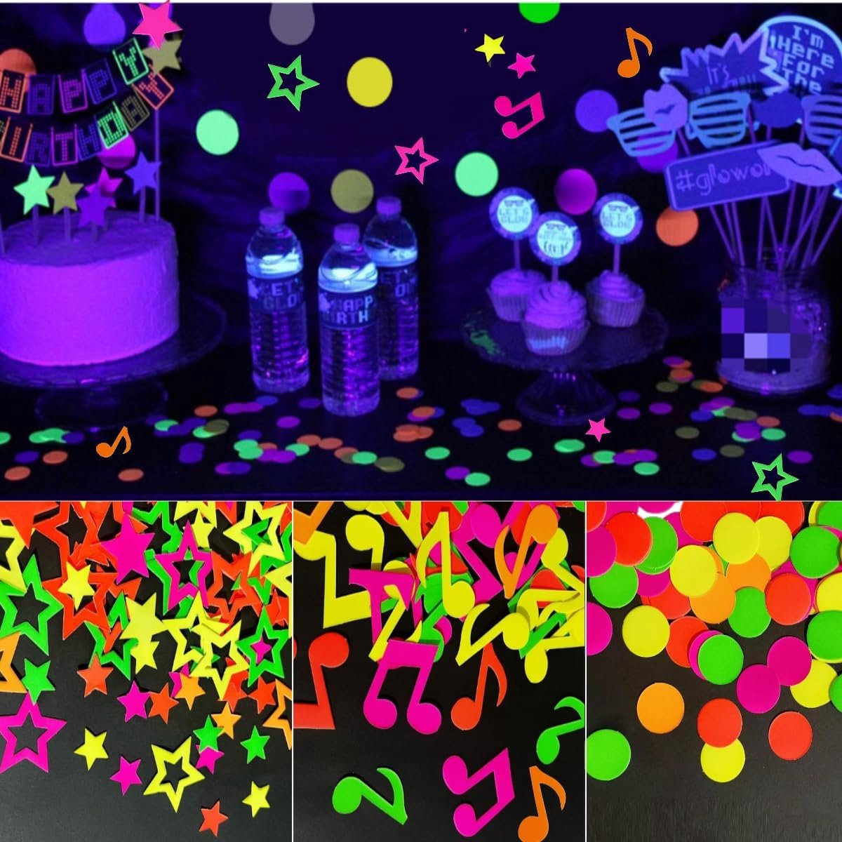 Pack of 300 Neon Confetti, 100 Stars + 100 Round + 100 Music Notes Fluorescent Party Decoration Glow Paper Party - ShopVlot