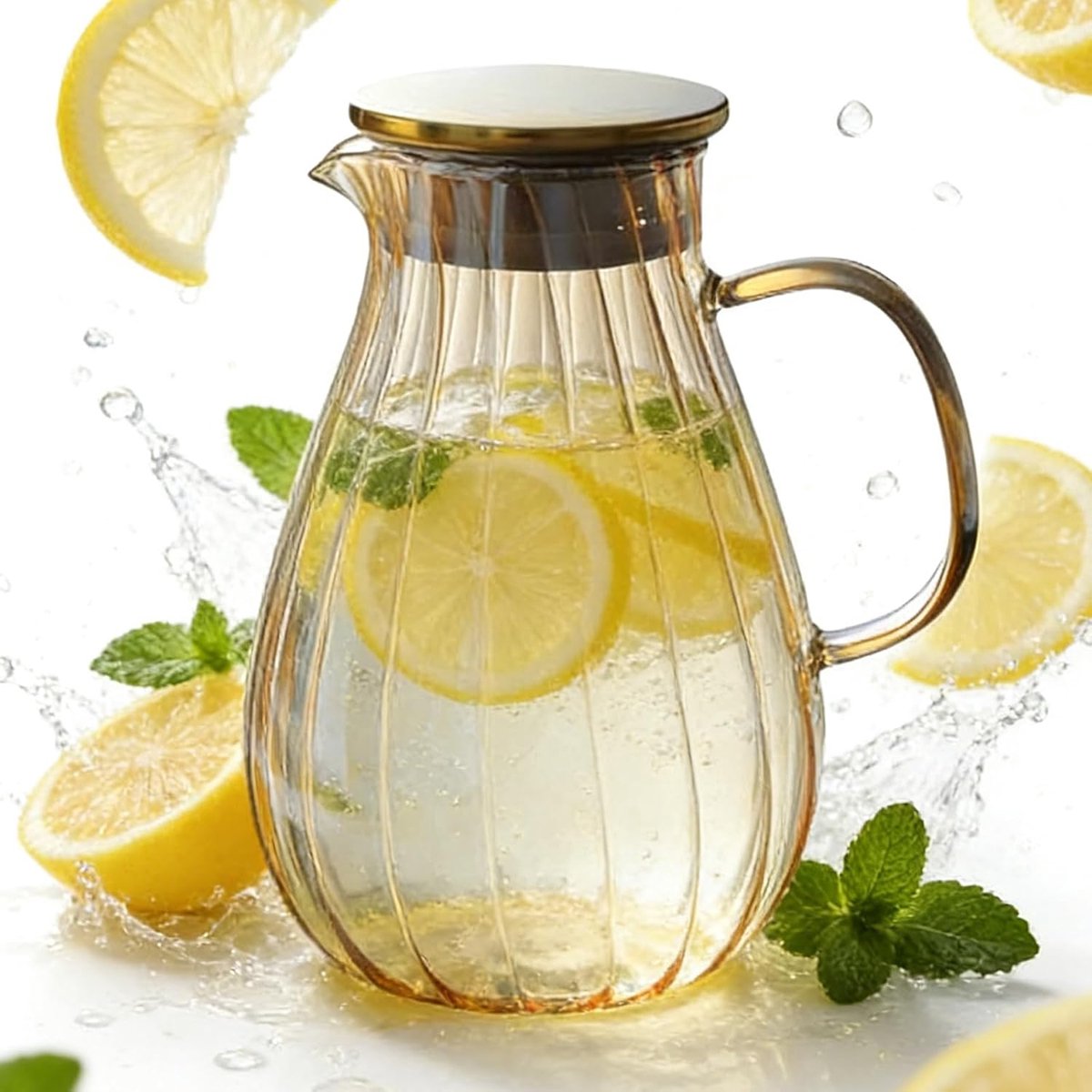 Glass Decanter with Lid: 1.9L Borosilicate Glass Water Carafe, Heat Resistant Water Jug, Glass Jug with Handle for - ShopVlot