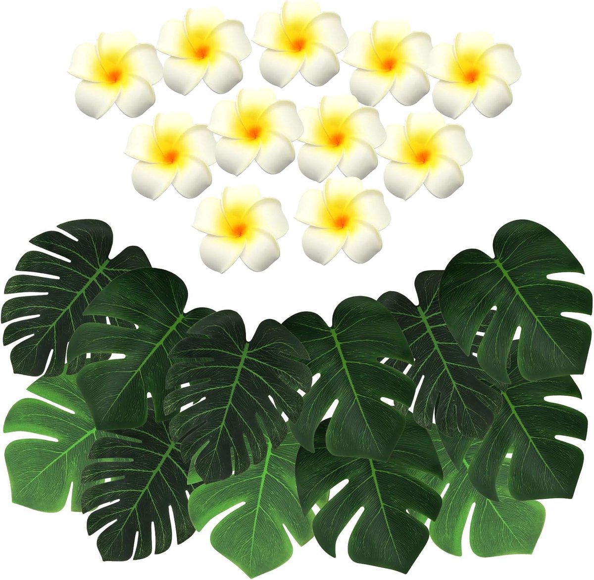 60 stuks kunstmatige palmbladeren en plumeria-bloemen voor tropische feestdecoratie, groene monsterablad met - ShopVlot