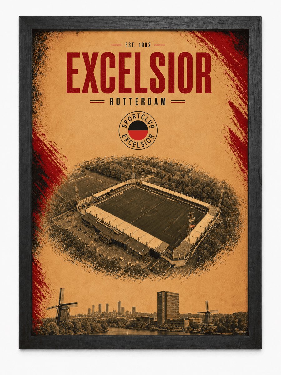 Excelsior Rotterdam Poster | Voetbalposter met Stadion en Rotterdam Skyline | Inclusief zwarte A4 lijst