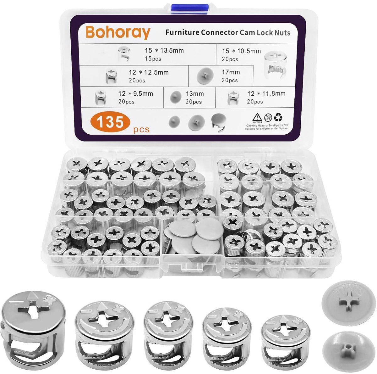 135 Pieces Eccentric Furniture Connectors, 5 Sizes Eccentric Joints, Cam Lock with 2 Kinds Hoods, Alloy Steel Lums - ShopVlot