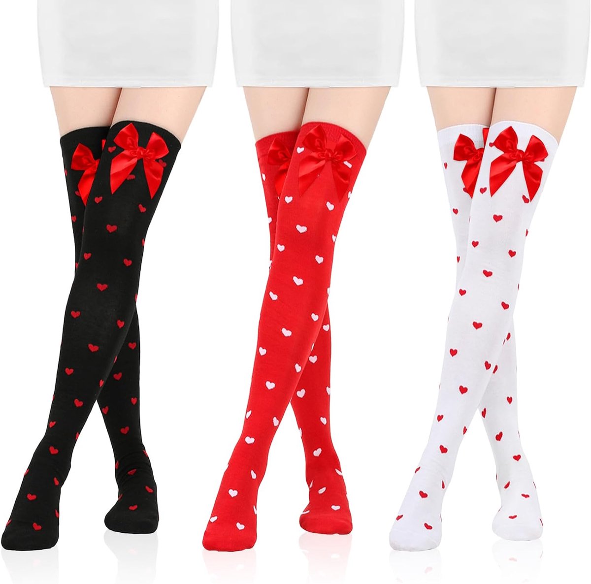 3 Pairs Women's Stockings with Bow, Knee High Socks with Bow, Women's Stockings, Costume for Carnival, Valentine's Day - ShopVlot