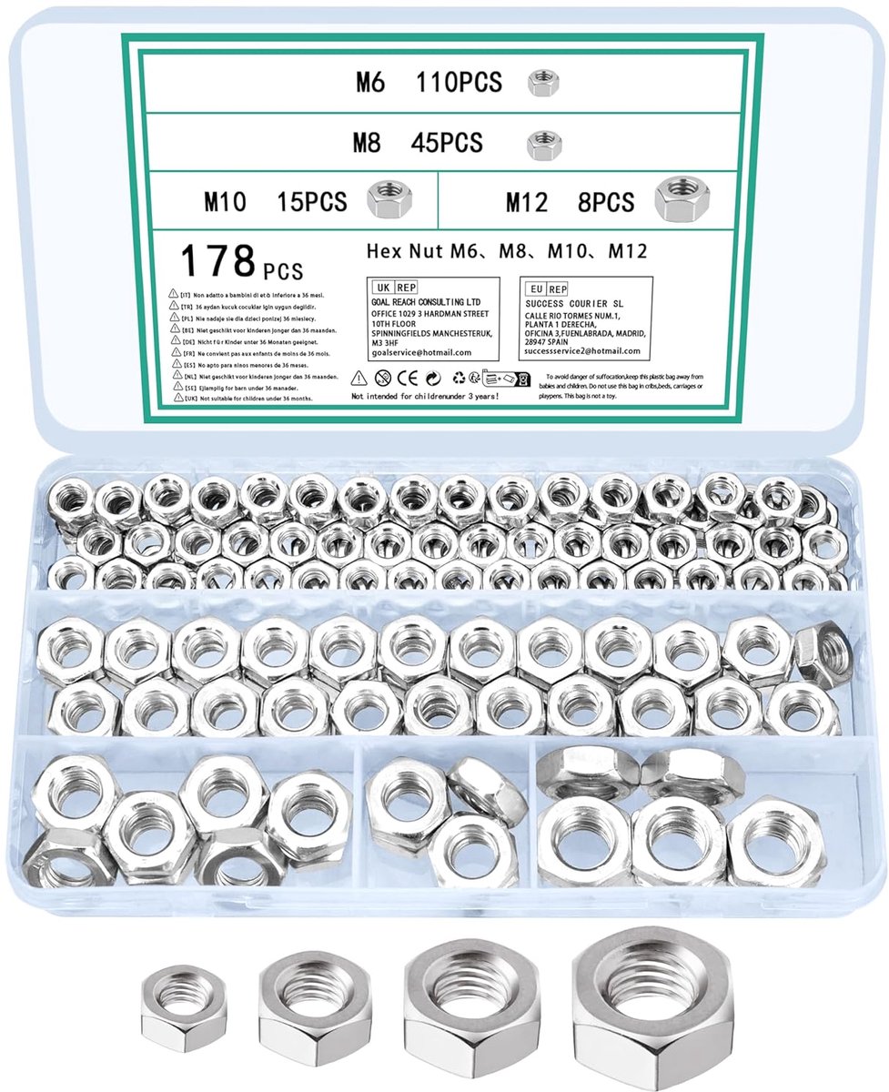 178pcs M6 M8 M10 M12 Hex Nuts Self Locking Lock Kit Metric for Counter Nut Attachment Assortment for Screws and Screws - ShopVlot