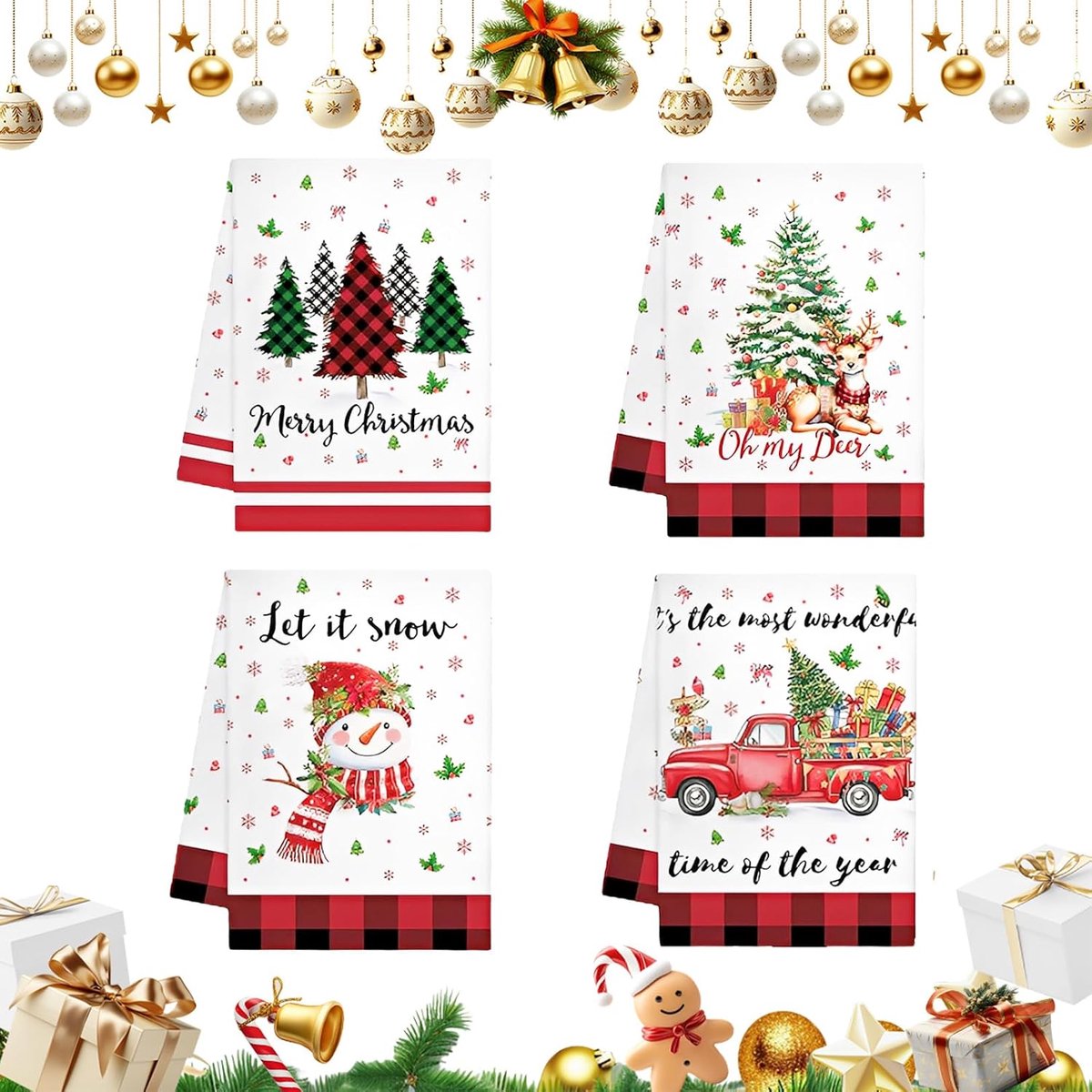 Christmas Tea Towels Set of 4 40 x 60 cm Festive Tea Towels for Christmas Made of Microfibre Absorbent and Soft - ShopVlot