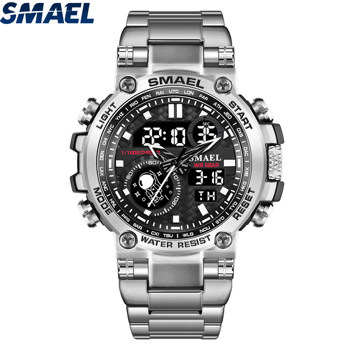 SMAEL 8095 luxe zilver kleurige stalen herenhorloge Digitale Quartz Sporthorloge