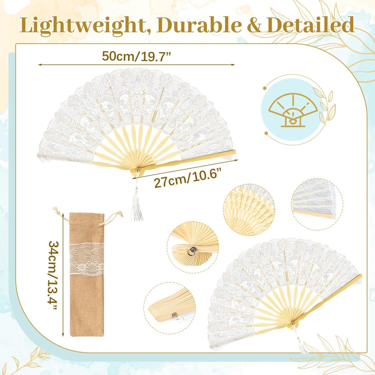 iZoeL Bridal Fan Embroidered Lace, Silk and Wood, Jute Canvas Lace Pouch, Wedding Accessories Wedding Decoration Party - ShopVlot