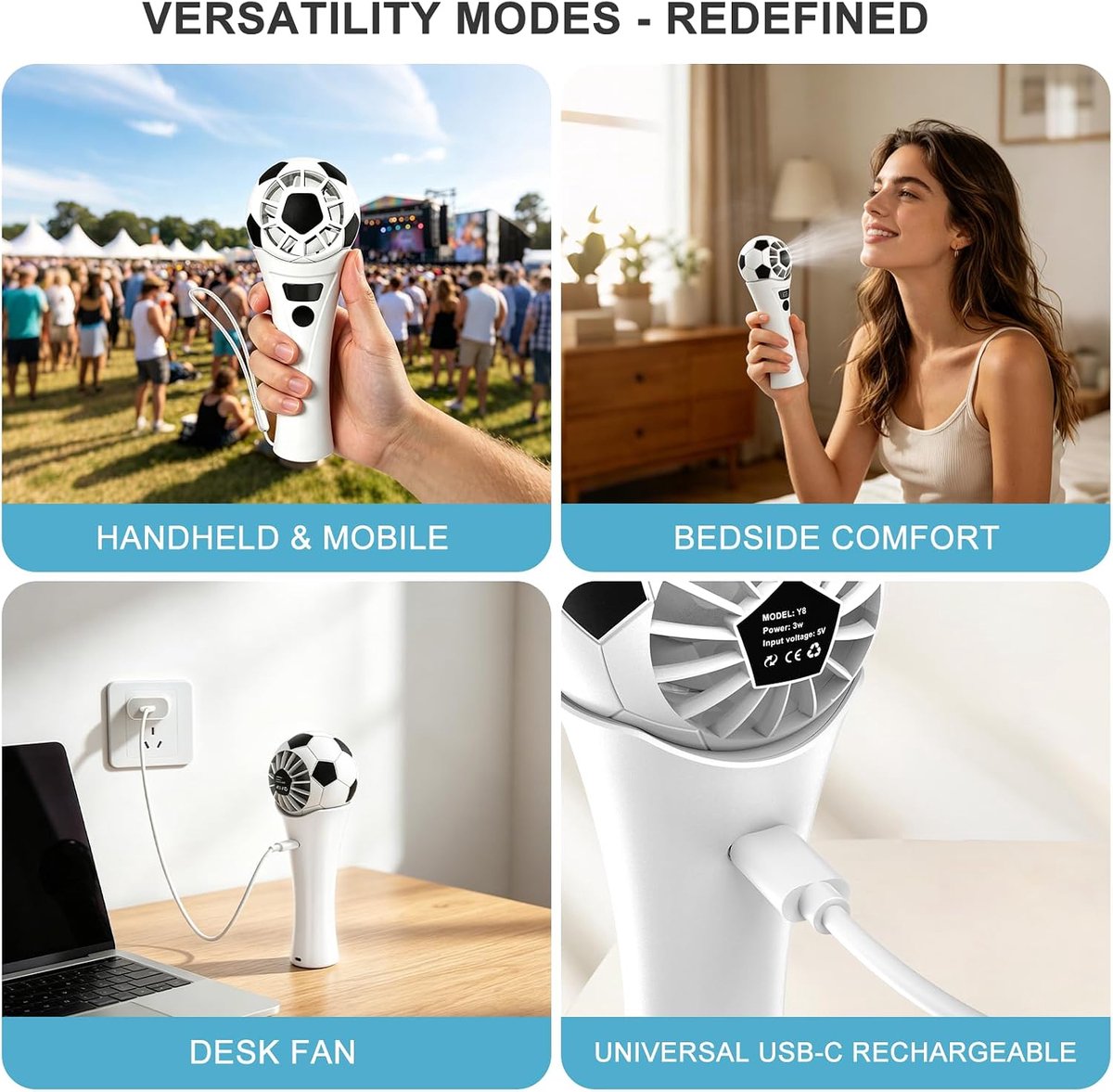 Draagbare voetbalventilator - USB oplaadbaar - 5 snelheden - ideaal voor op kantoor en in de zomer - ShopVlot