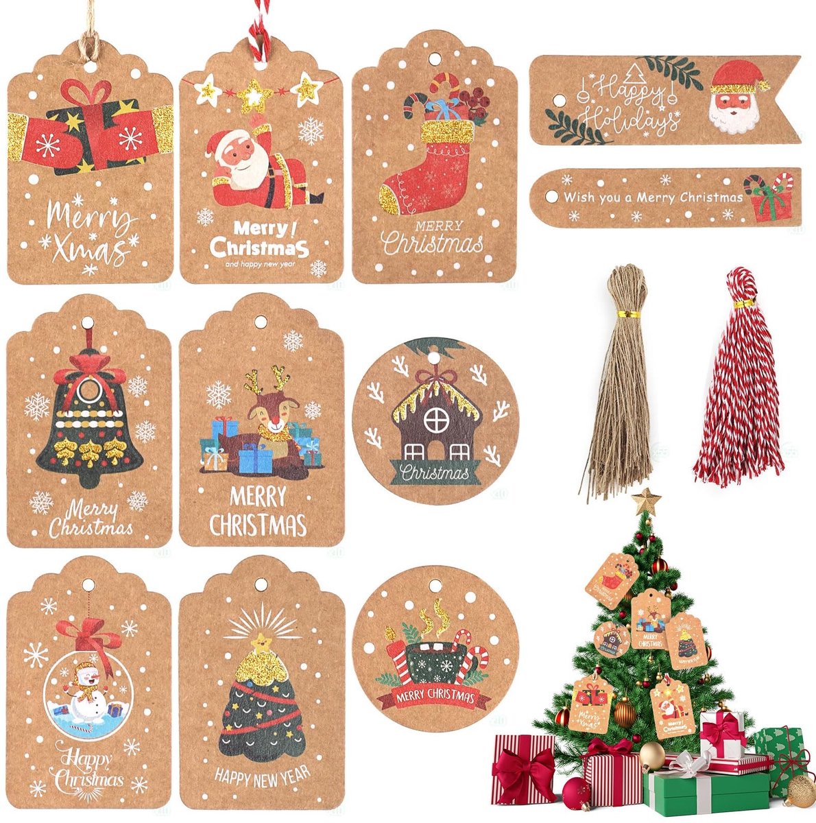 Solidchoice - 110 Stuks Kerst Kraft Papieren Cadeautags met Touw