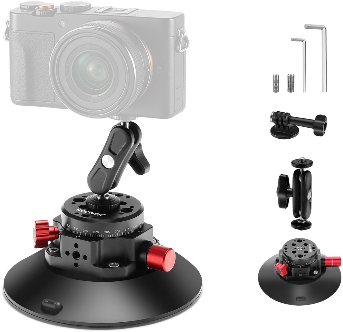 6" Camera Suction Cup Houder met Ball Head Magic Arm, Sterke Vacuum Suction voor Camera, Actiecamera en Telefoon, Ideaal voor Auto of Raam met 1/4 Inch en 3/8 Inch Bevestigingsgaten
