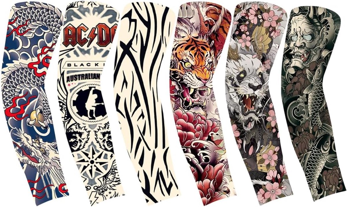 Tattoo mouwset 6 stuks - nylon armkousen - tijdelijke tatoeage - ideaal voor carnaval - ShopVlot