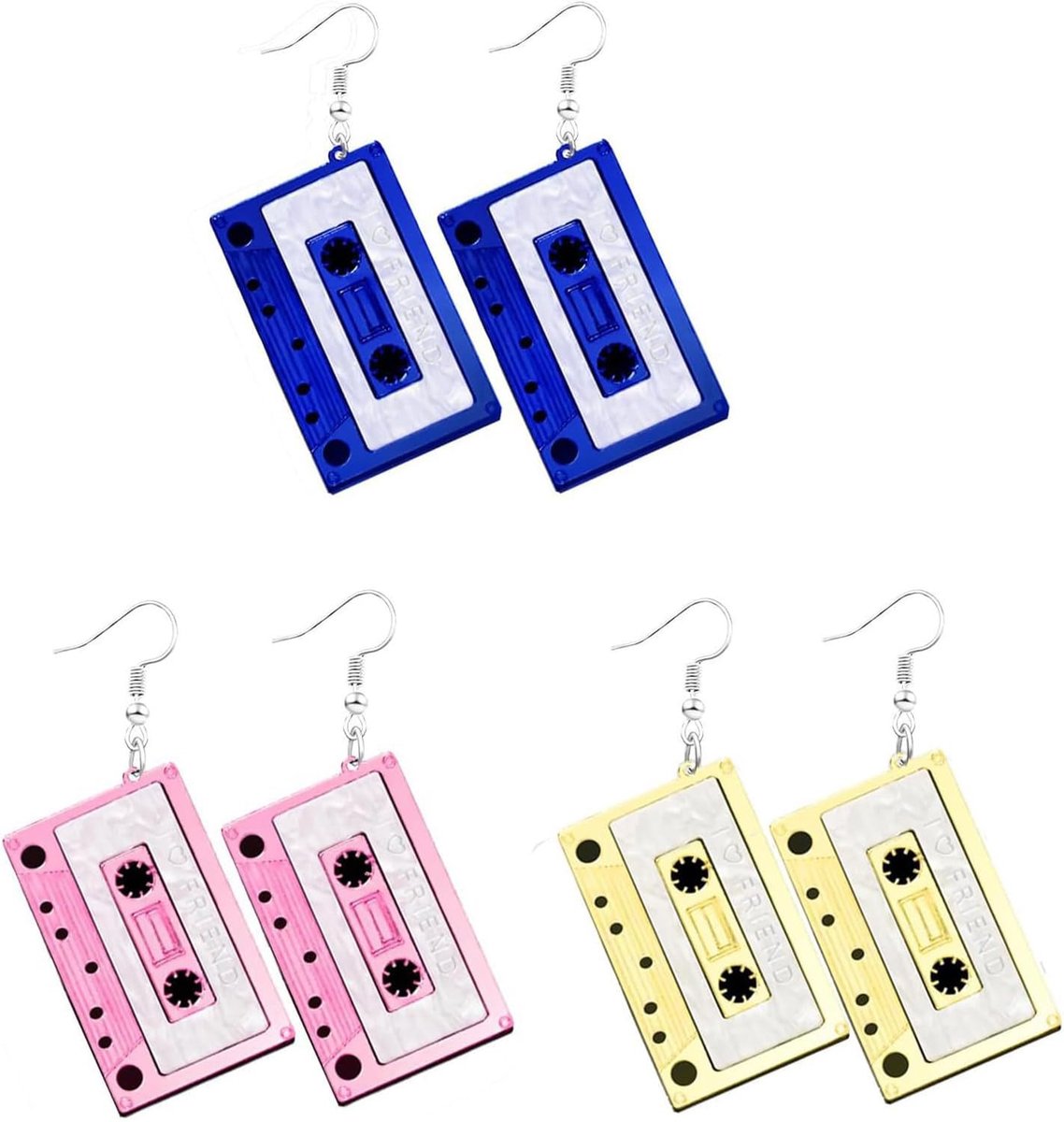 Oorbellen cassette retro - set van 3 paar - acryl - modieuze accessoires uit de jaren 80 en 90 - ShopVlot