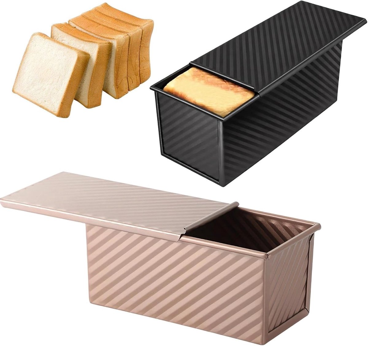 Toastbrood Bakvorm met Deksel - Zwart en Roségoud - 20,5 x 12 cm en 18,5 x 9,5 cm - Koolstofstaal - Voor Brood en Cake