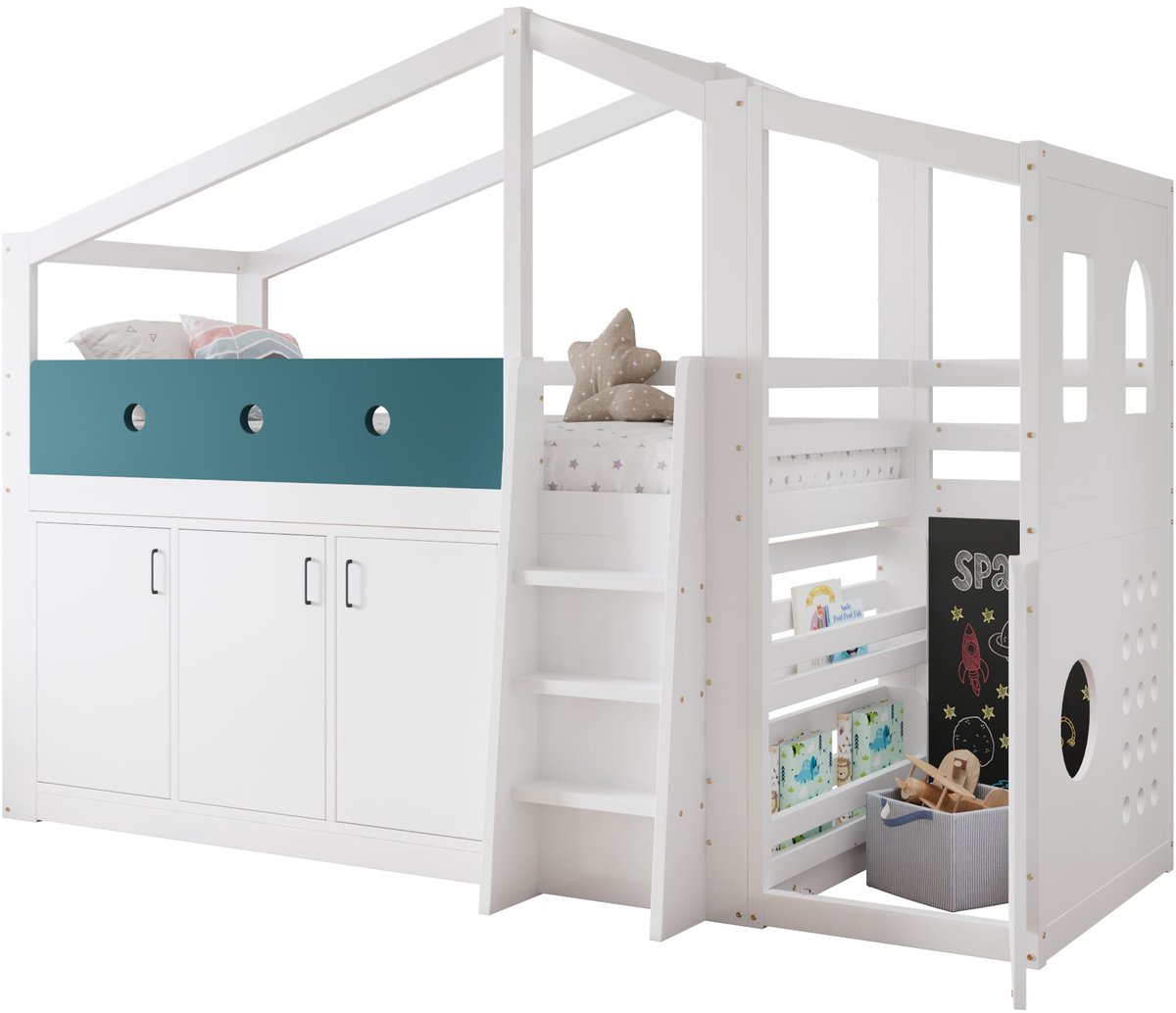 Merax Half Hoogslaper 90x200 cm - Wit - Bed in Huisvorm - Hout - Kinderbed met Speelruimte - Opbergkast en Ladder