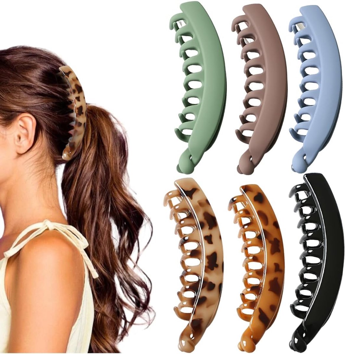 Haarclips set van 6 - vintage bananenclips - diverse kleuren - ideaal voor paardenstaarten - ShopVlot