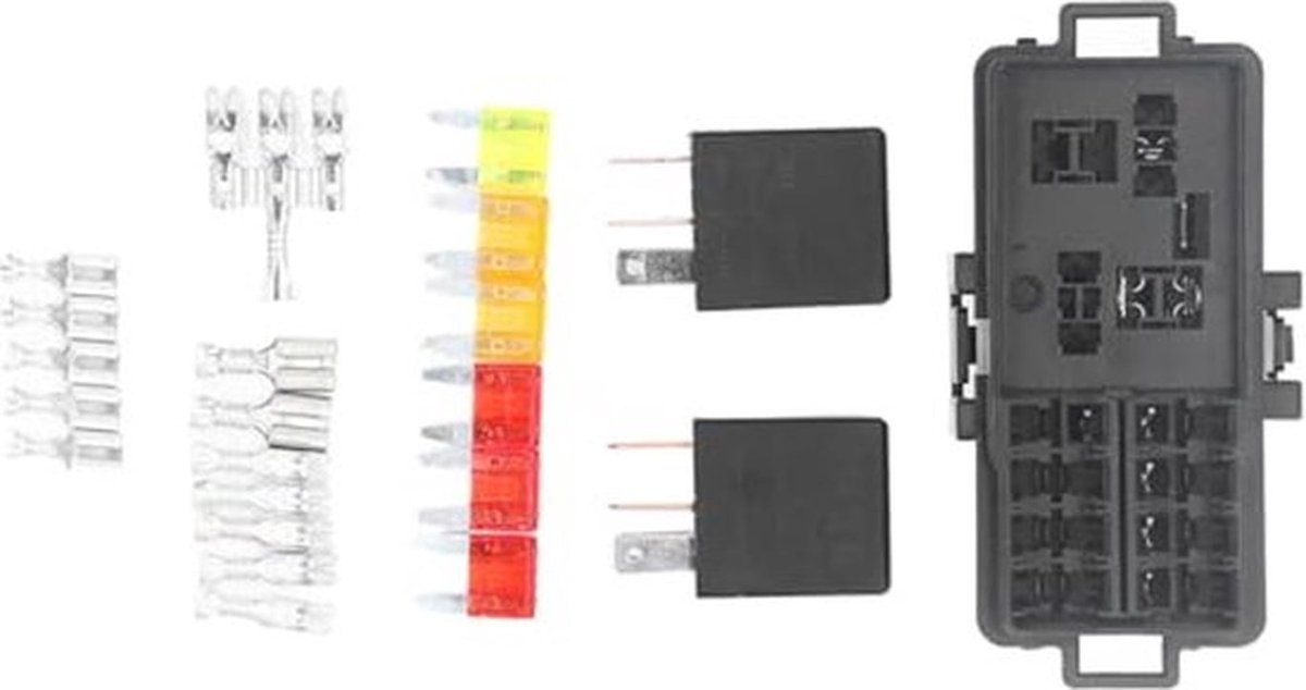 12 V DC relaiszekeringkast met 2 sleuven, 5-pins relaisbasis en 8 sleuven, ATC/ATO zekeringhouder – inclusief 2 x 30 A relais en 6 zekeringen voor de