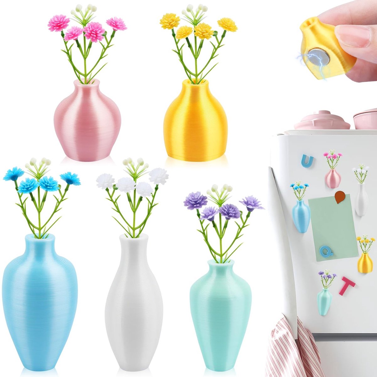 Solidchoice - Mini Magnetische Vazen met Kunstbloemen, 5 Stuks