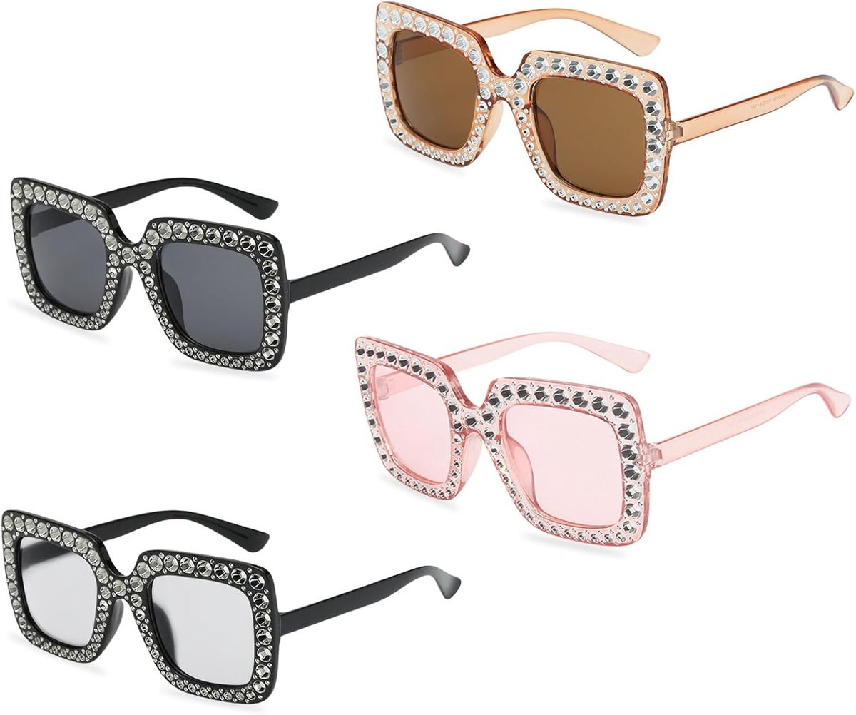 Oversized zonnebril met strass - vier paar - vierkante bling - trendy accessoires voor elke outfit - ShopVlot