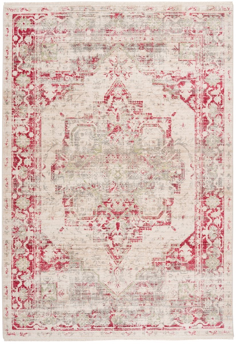 Padiro laagpolig vloerkleed 200 x 290 cm - rood / creme - vintage design - met franjes - geschikt voor vloerverwarming - van polypropyleen