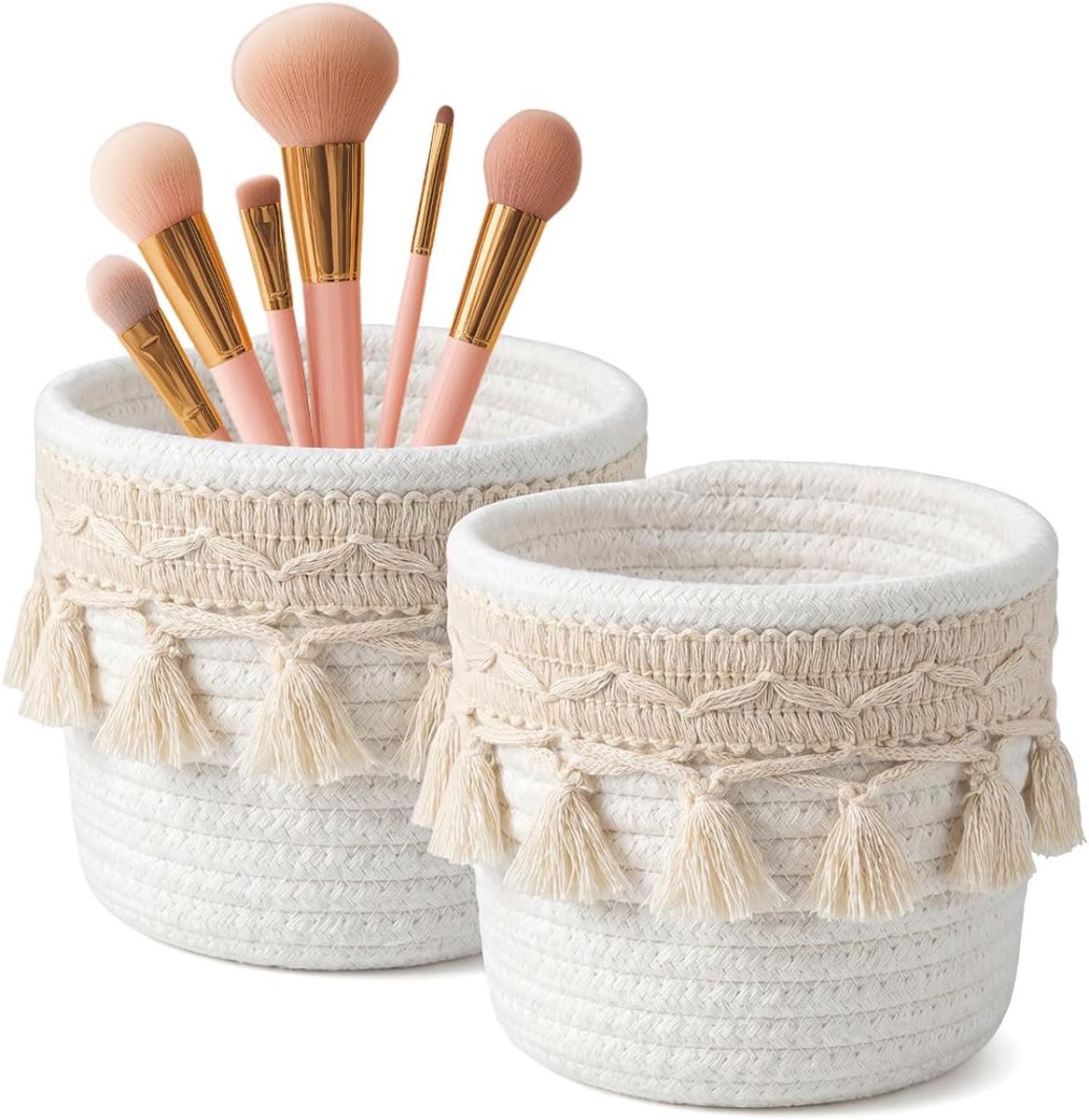 Opbergmand make-upkwasten mini - ivoorkleurig macramé - boho-stijl - veelzijdige organizer - ShopVlot
