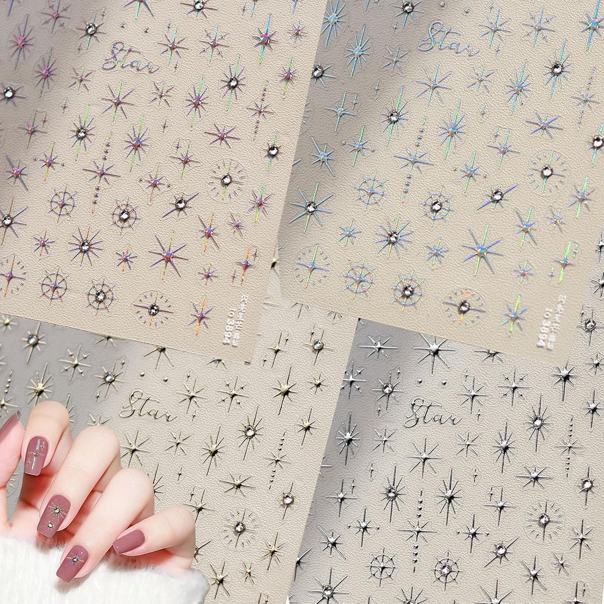 Nail stickers set - 4 vellen ster nail art stickers - goud en zilver met rhinestones - DIY nageldecoratie - ShopVlot