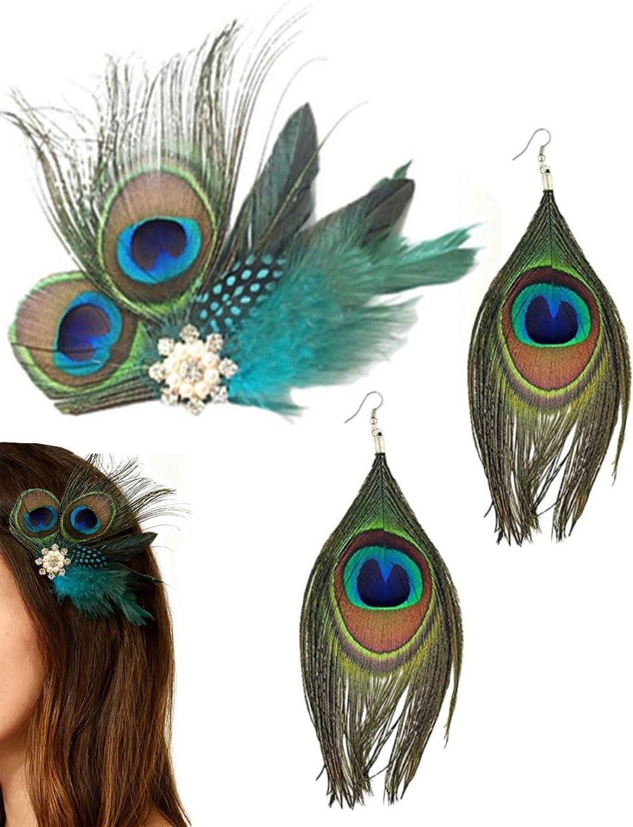 Haarschmuck met pauwenveren - oorringen - elegante stijl - perfect voor feesten - ShopVlot