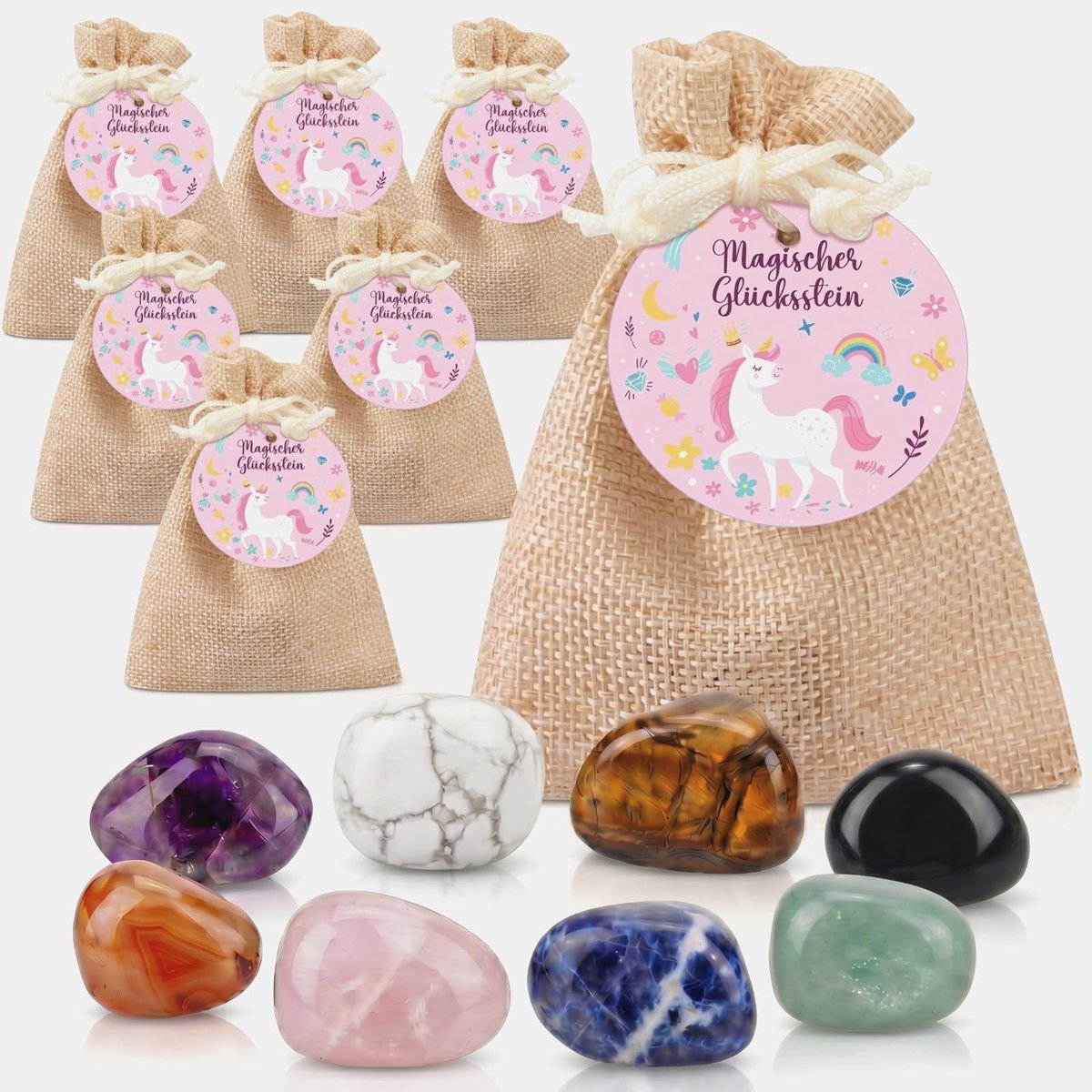 Solidchoice - Set van 12 Geluksstenen voor Kinderen met Jute Tassen