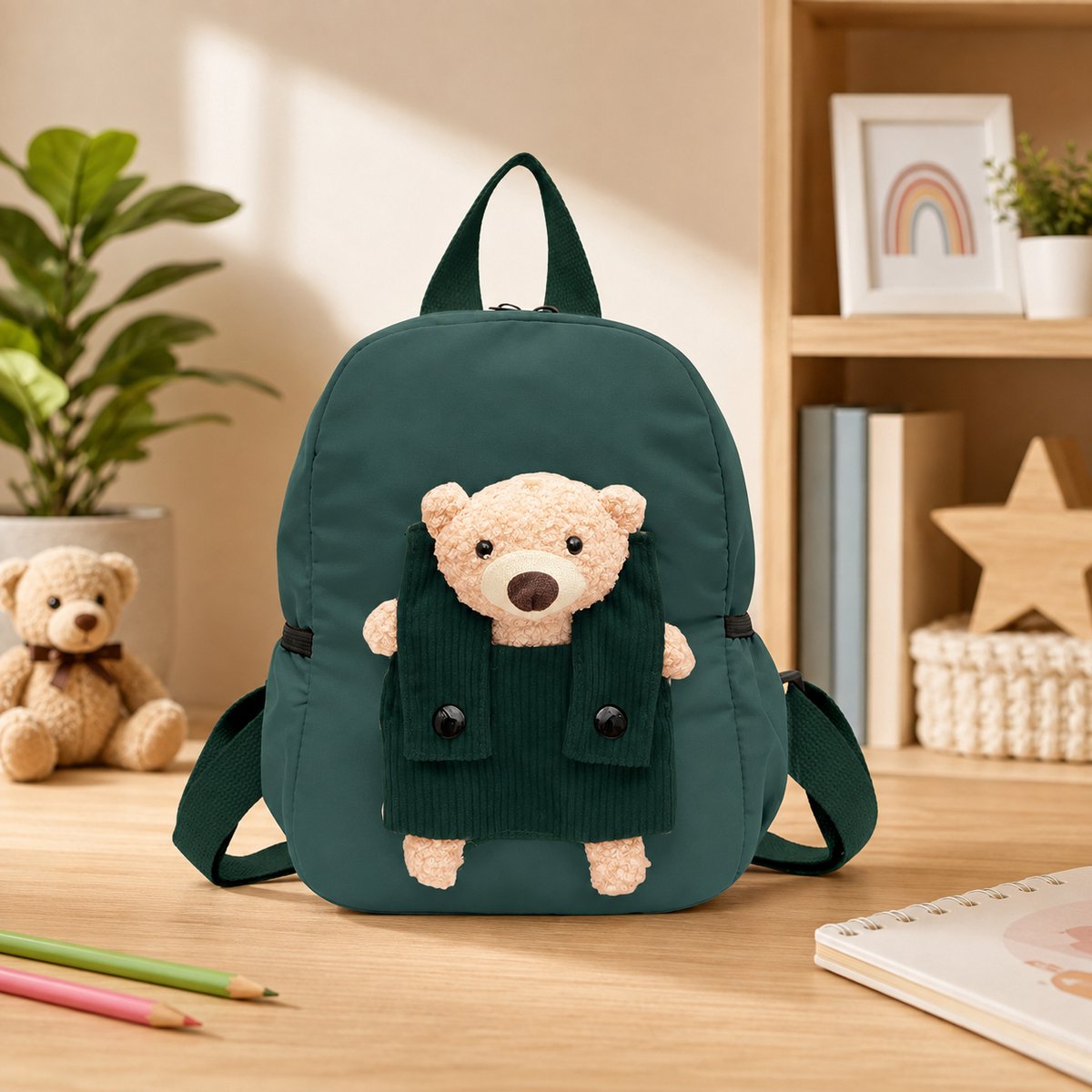 Kinderrugzak met afneembare teddybeer, peuterrugzak voor jongens en meisjes, 27x21x10 cm, Groen