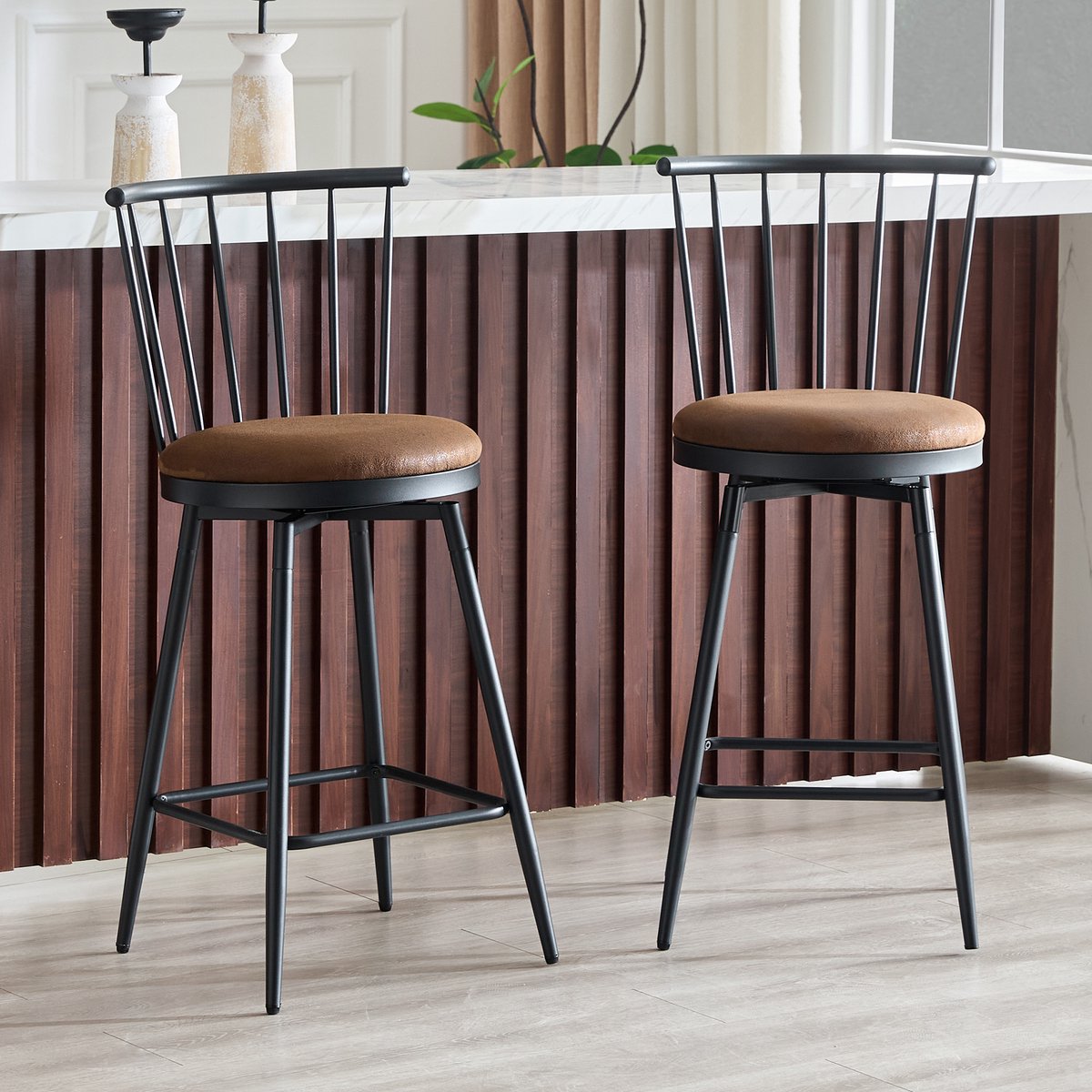 COVREO Barkruk 43,2 x 39 x 96 cm bruin, stof met rugleuning set van 2