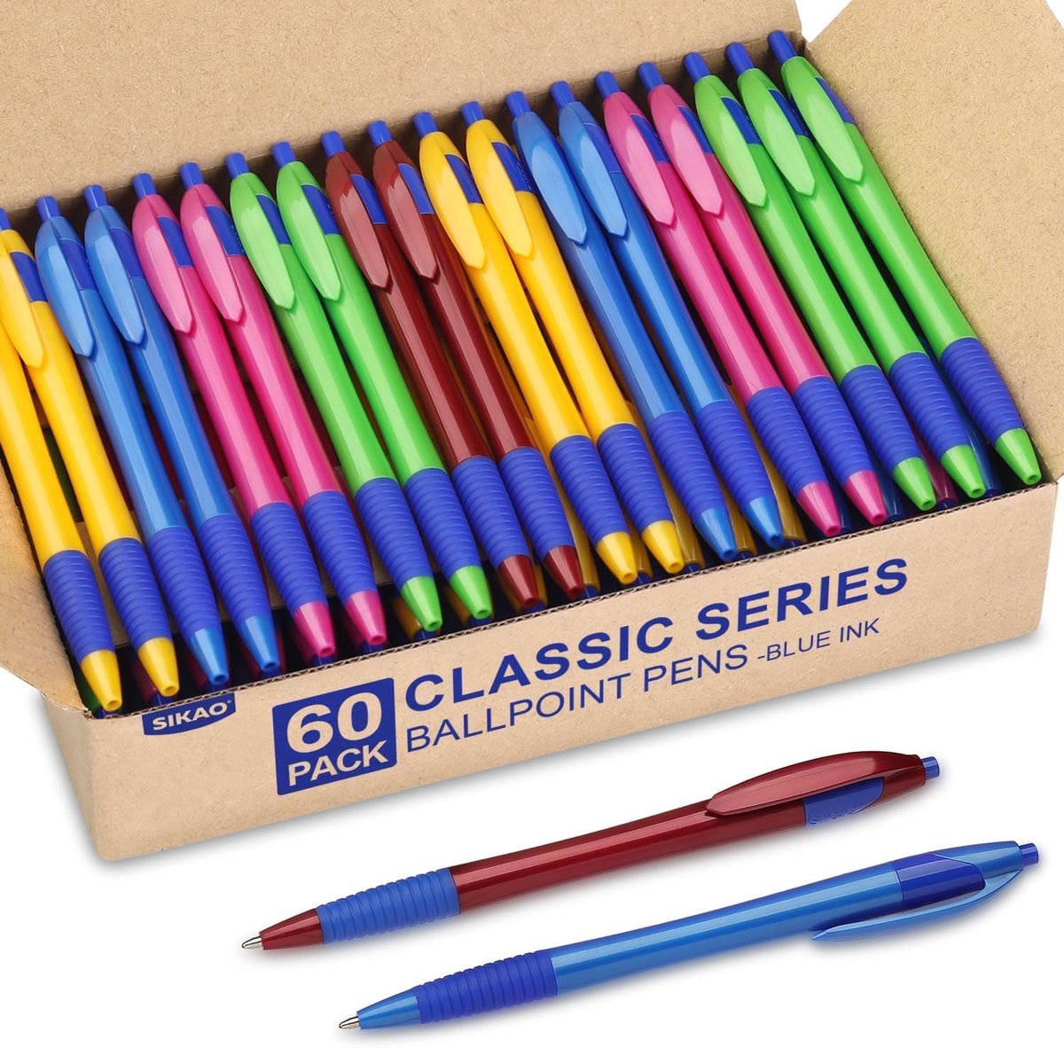 Pens Bulk, 60 Pack Gripped Slimster Blue Ballpoint Pen, Blue Ink 1mm Medium Point, Smooth Writing Click Pens for - ShopVlot