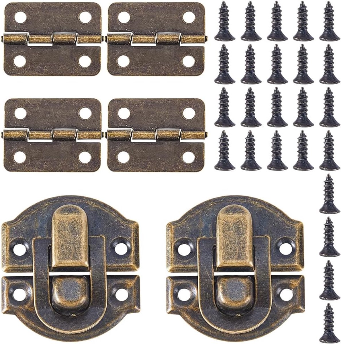 2 Sets Antique Bronze Wooden Box Hinges and Latches Metal Retro Small Decorative Latches Hook Hinge Kit with 24pcs - ShopVlot