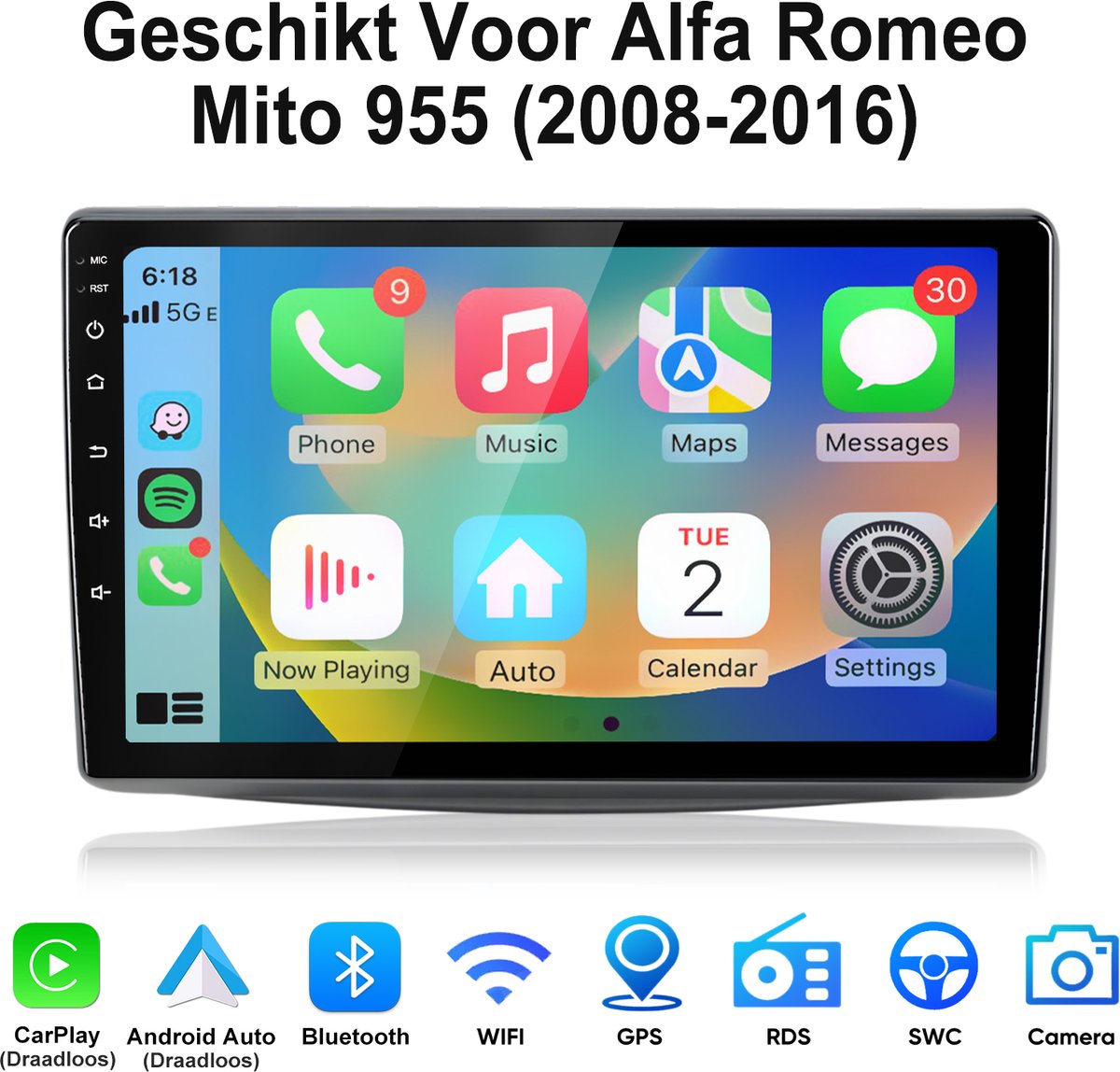 Junsun Android 15 Autoradio Geschikt Voor Alfa Romeo Mito 955 (2008-2016) Accessoires - 4GB+64GB - Draadloze CarPlay & Andriod Auto - GPS-Navigatiesystem - Bluetooth - WiFi - RDS - USB - 9-inch Touchscreen - DSP