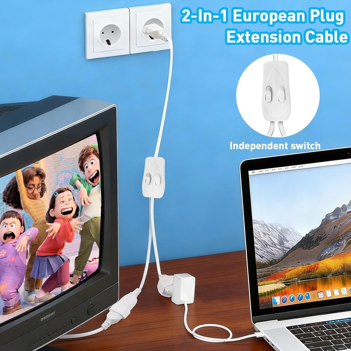 CHEVVY Extension Cable 150 cm, Extension Cable Euro Plug 2-in-1 with Independent Switch, 1 to 2 Euro Extension 0.75 - ShopVlot