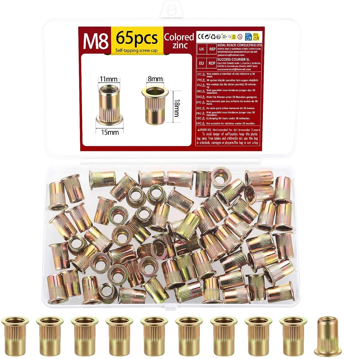 65 stuks M8 klinkmoeren, Klinkmoeren met platte kop, Klinkmoer met schroefdraad, assortimentsset van gekleurd verzinkt - ShopVlot