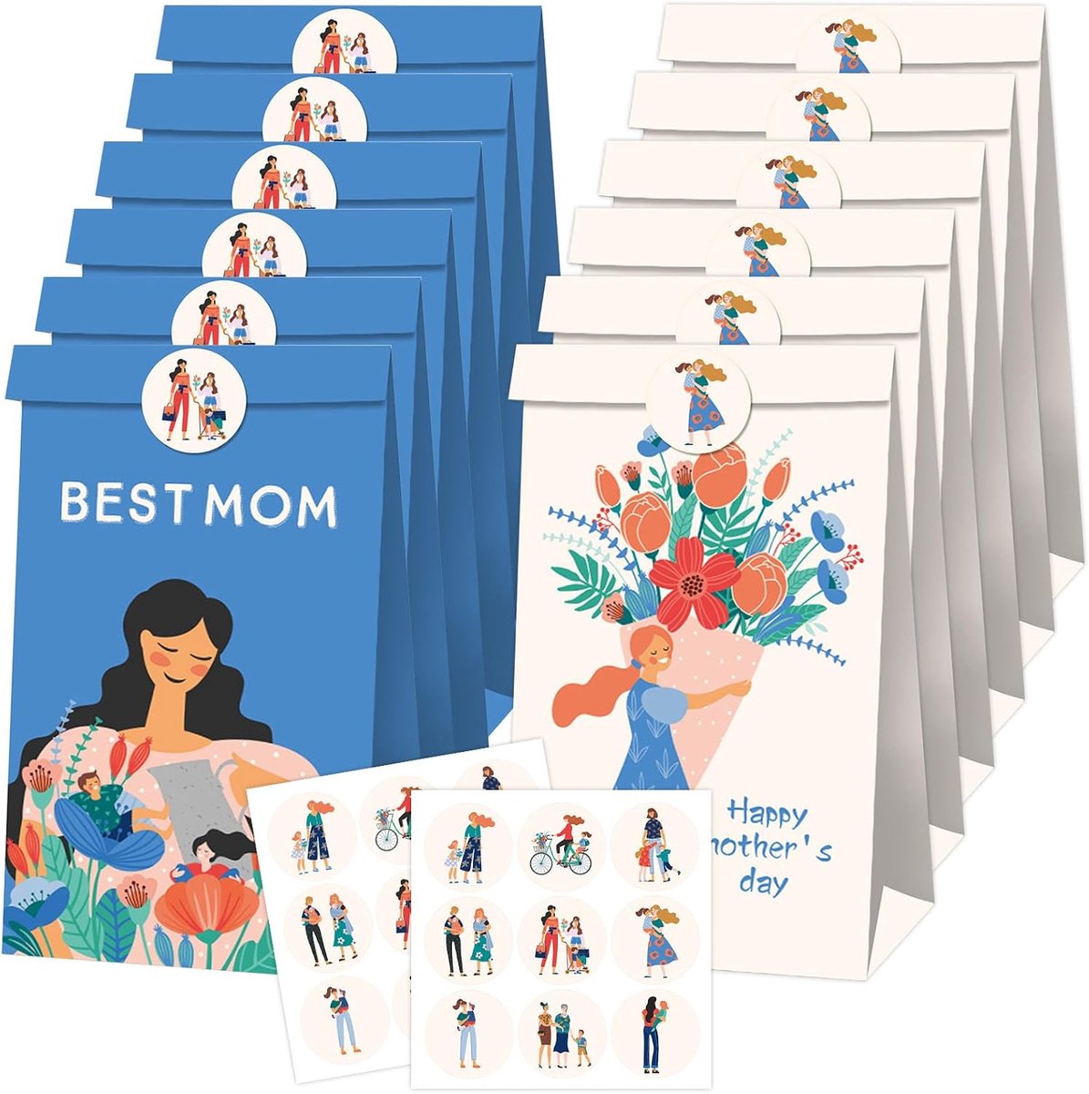 Kleine cadeauzakjes, snoepzakjes, kraftpapier, verrassingszakje voor Moederdag, 12 zakken, bevat 12 stickers voor - ShopVlot
