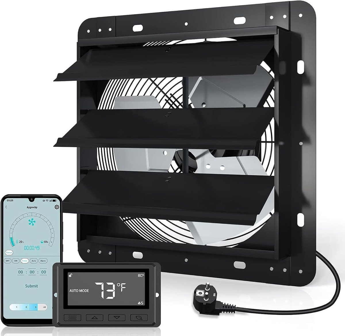 Aygrochy Industriële afvoerventilator, 350 mm, 40 W, met wifi-app, draaistroom EC motor, wandventilator 1630 m³/h - ShopVlot