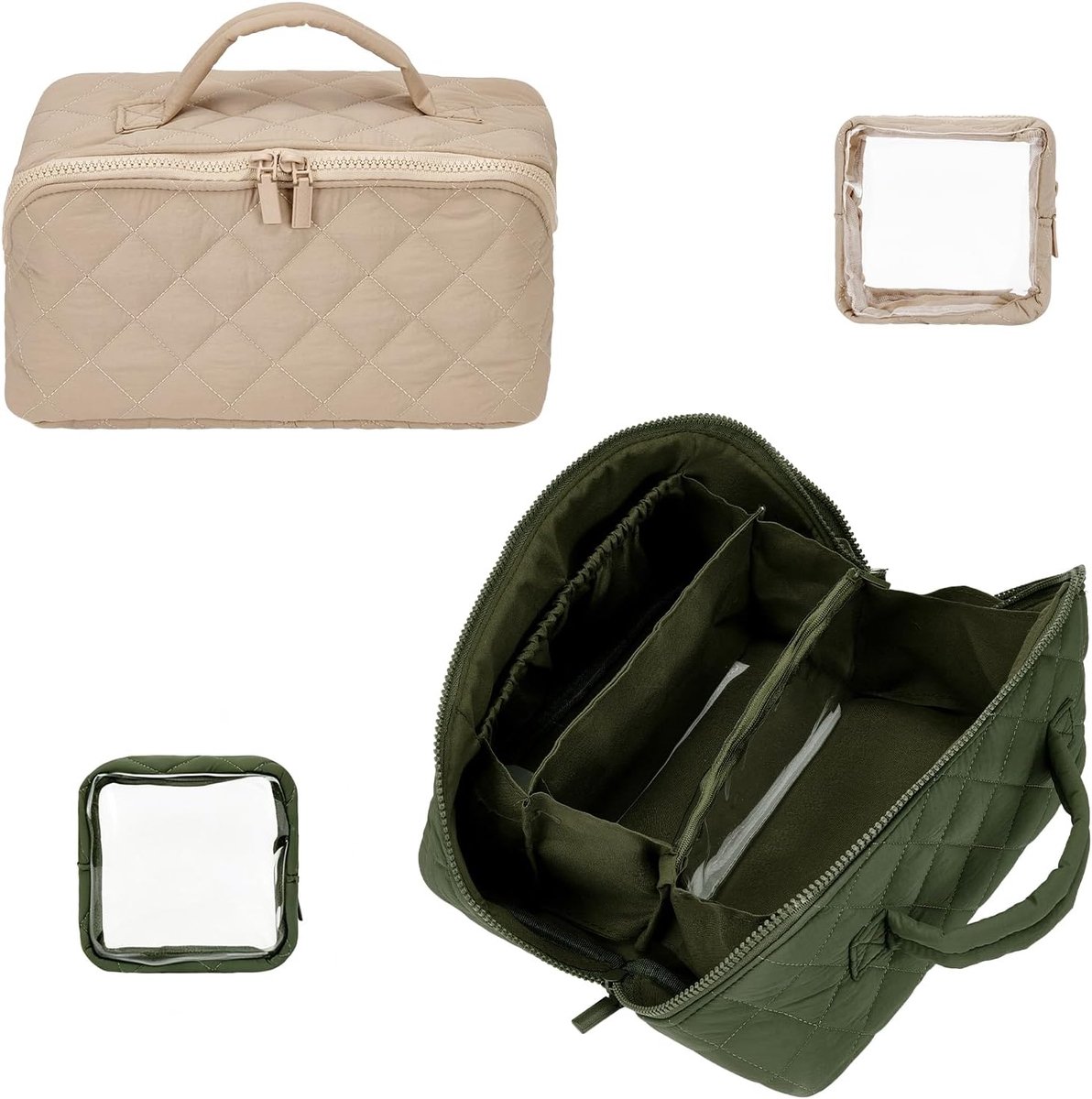 2 x make-uptas voor op reis, 2 x toilettas met ritssluiting van polyester met 2 transparante vakken, Olijf, Burlywood - ShopVlot