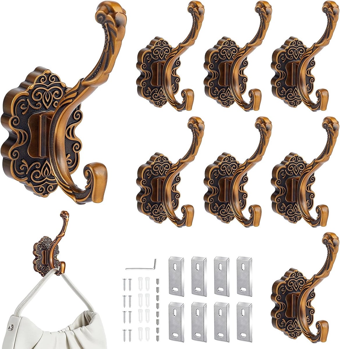 8 Pcs Vintage Coat Hooks Wall,Antique Bronze Wall Hook Bathroom Decorative Hook with Screws Unique Heavy Duty Hooks - ShopVlot