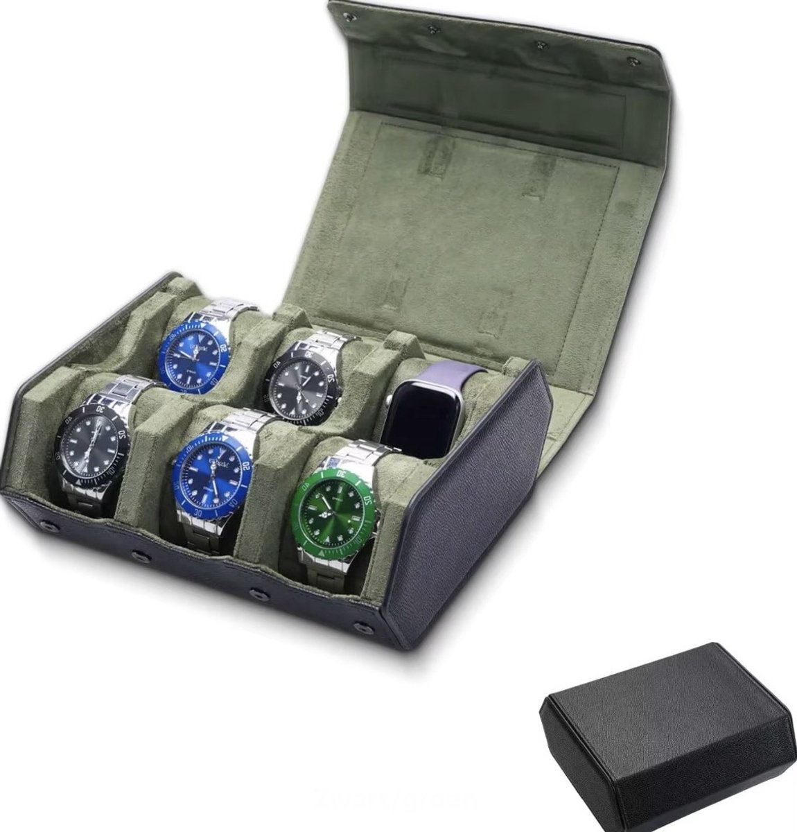 Luxe Octagon Horloge Rol 6 Stuks | Horlogedoos | Horloge Etui Leer | Watch Roll | Horloge Houder Sieradendoos | Groen