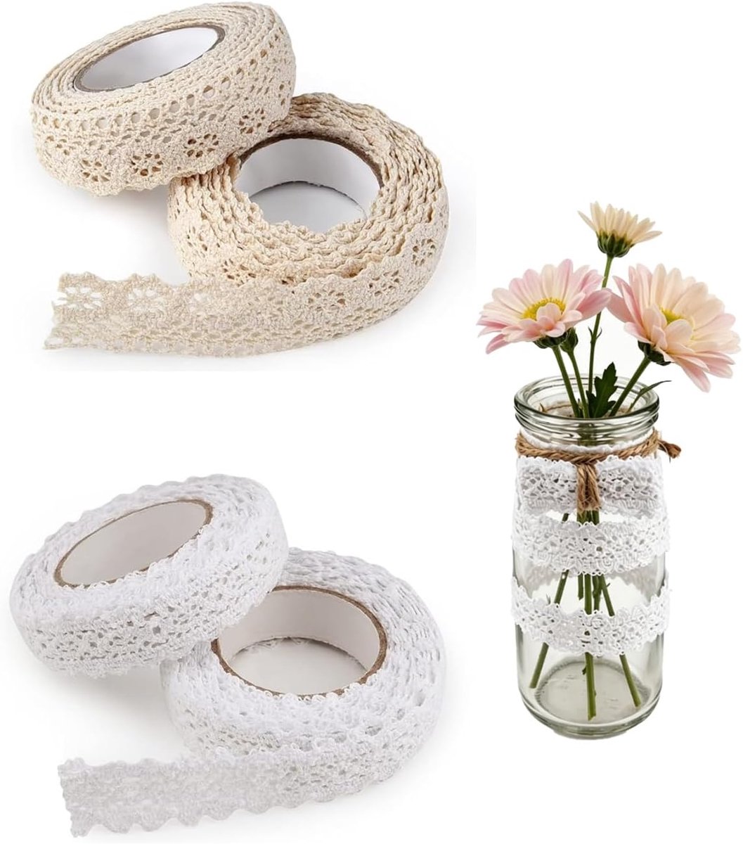 Zelfklevend kantlint, 2 rollen, 1,6 cm x 1,8 m, witte en ivoorkleurige kant, decoratie voor bruiloften en knutselen - ShopVlot