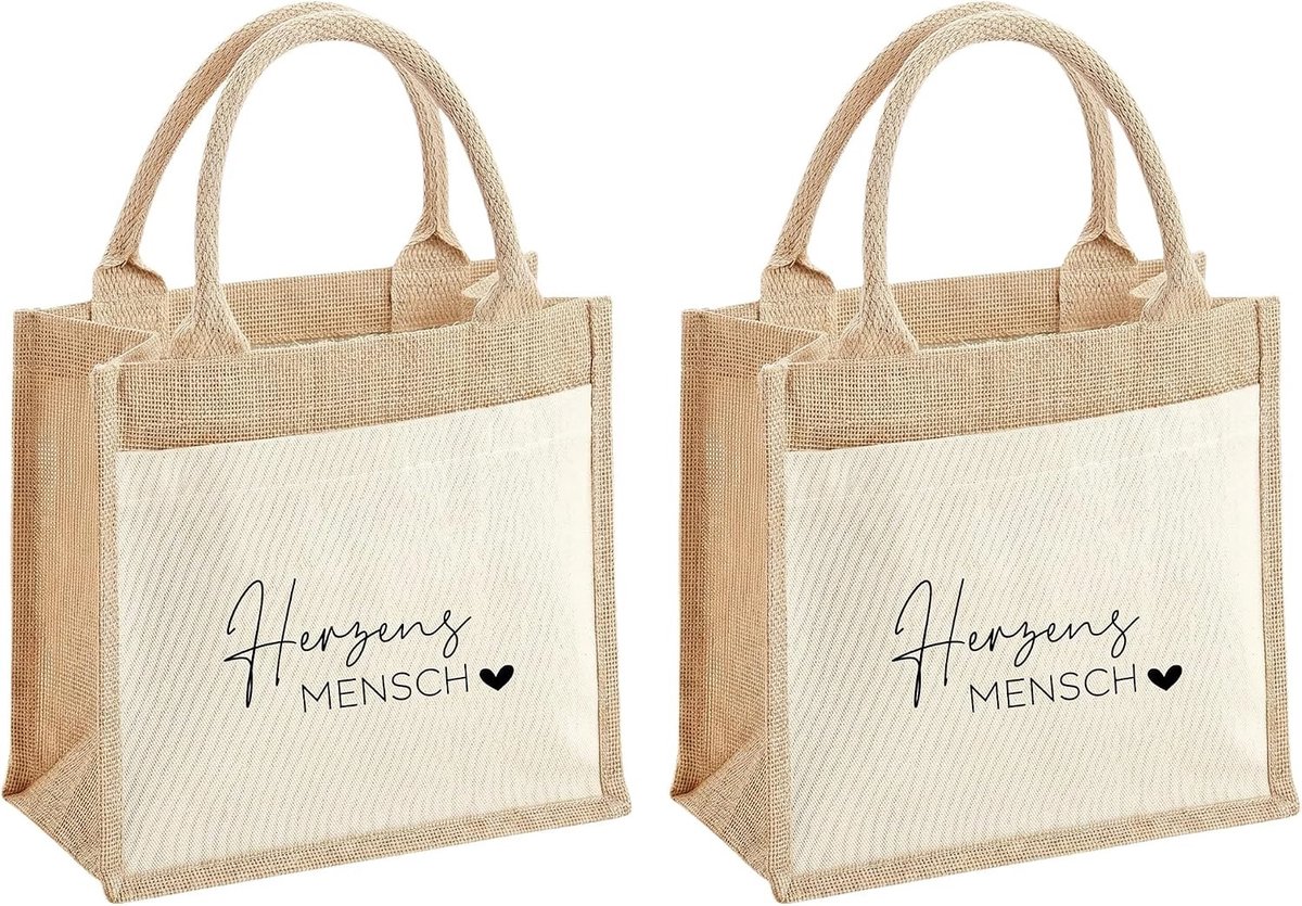Duurzame jute tasjes, 2 stuks met opdruk, personaliseerbaar, 22 x 14 x 26 cm, ideaal voor geschenken en als boodschappentas, beste vriendin cadeau