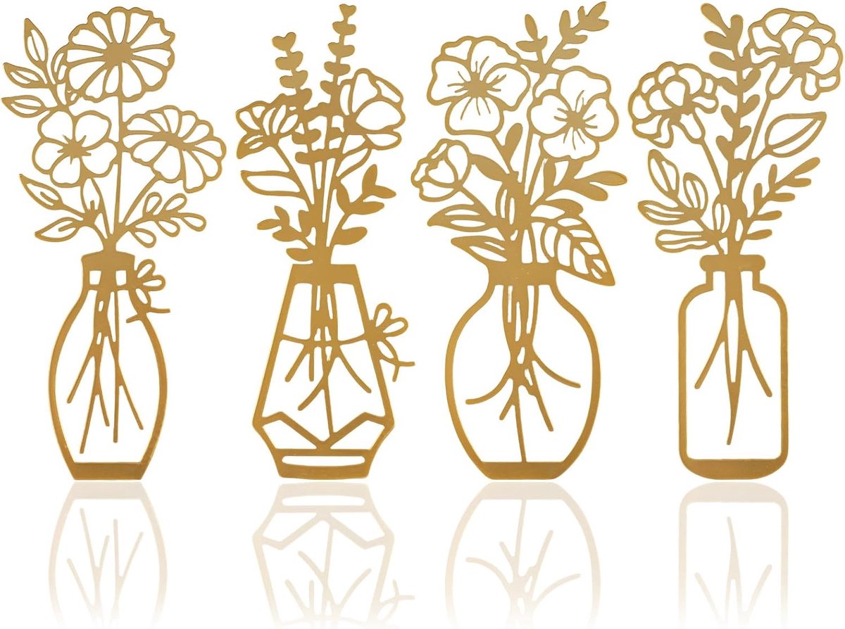 Bloemenvazen wanddecoratie set van 4 - gouden metaal - minimalistische boho stijl - luxe accent voor woonkamer - ShopVlot