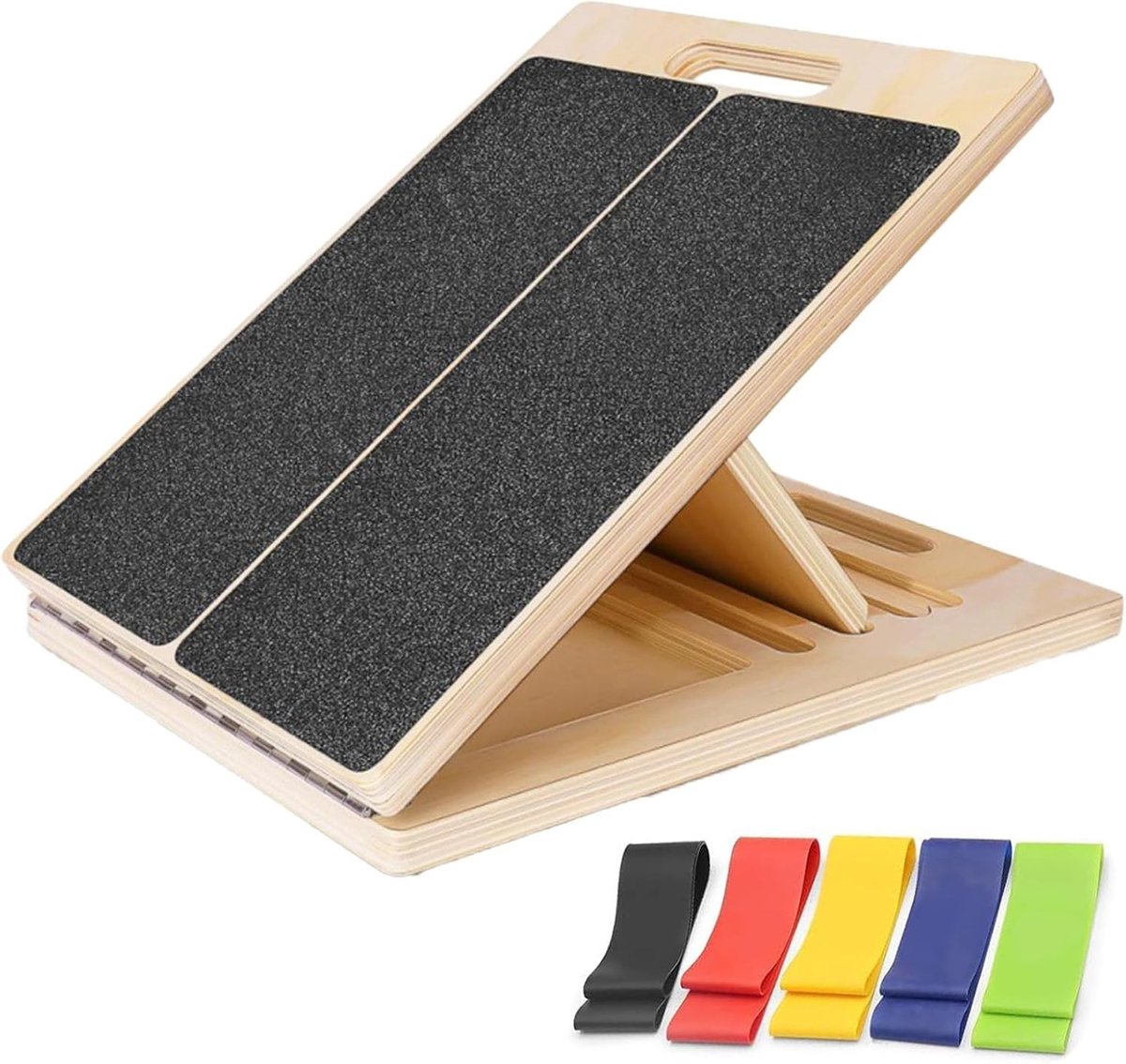 Houten schuine plank met 5 hoeken en weerstandsbanden voor kniebuigingen en spiertraining, antislip en instelbaar