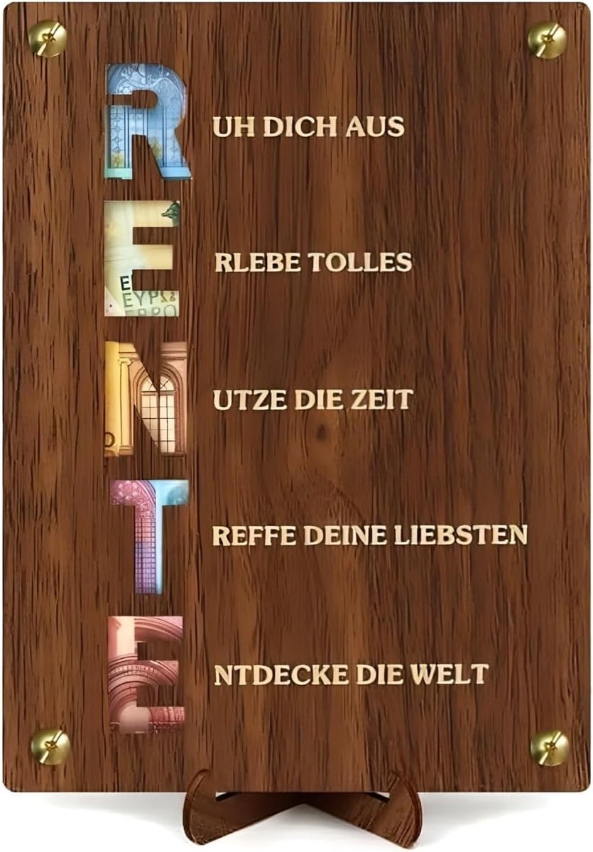 Origineel houten pensioen cadeau - 2x houten geldkaart 20x15 cm met standaard en envelop - leuk afscheidscadeau voor collega - creatief en persoonlijk geschenk voor pensioen