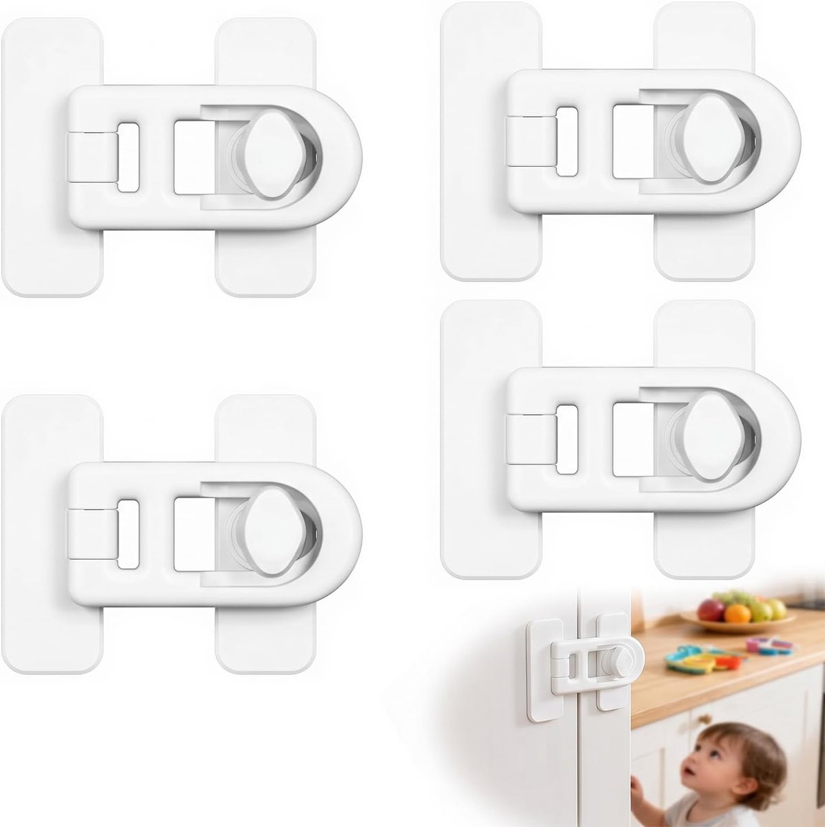 Kinderbeveiliging kast set van 4 - witte raambeveiliging, toiletslot, koelkast- en ladebeveiliging - ShopVlot