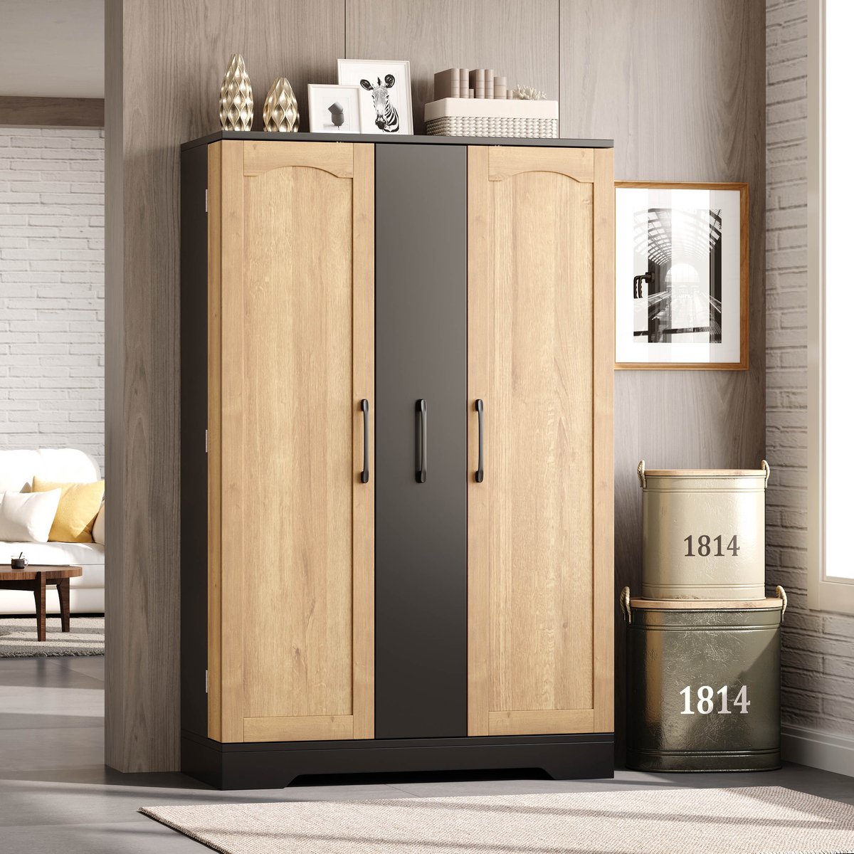 OKWISH Keukenkast - Dubbeldeurs Opbergkast Met Kruidenrekken En 4-Laags Verticale Uittrekfunctie - 120 x 78 x 35 cm - MDF Zwart/Naturel