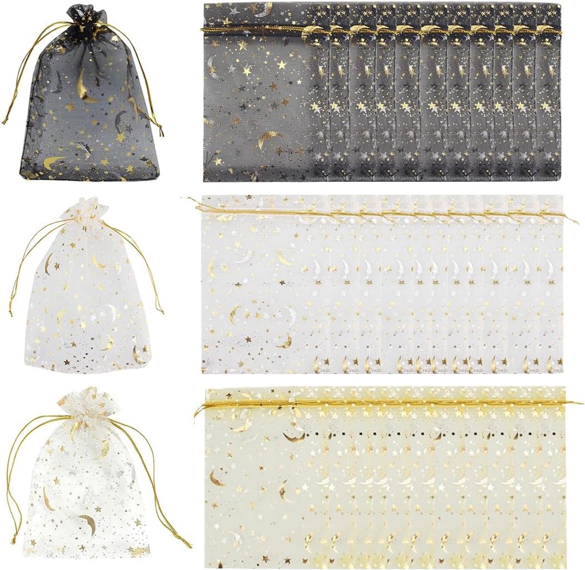 Organza zakjes 60 stuks - zilver, goud en zwart - sterren en maan motief - ideaal voor bruiloften - ShopVlot
